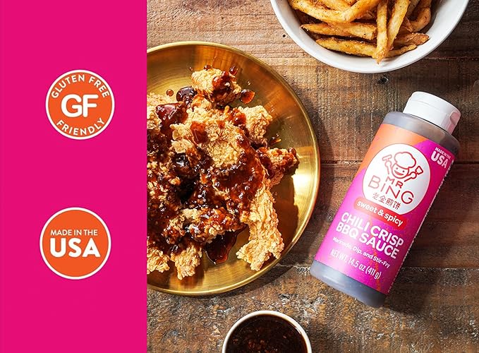 Mr. Bing Sweet & Spicy Chili Crisp BBQ Sauce, 14.5 oz, Marinade Dip and Stir-Fry Sauce, Made in
