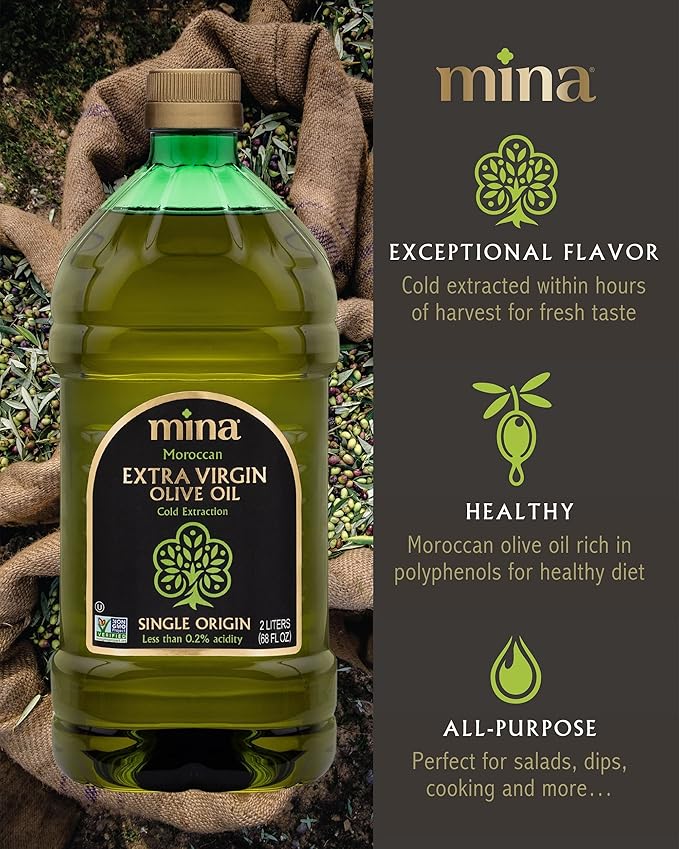 Mina Olive Oil Extra Virgin 68 Fl Oz, New Harvest, Polyphenol Rich Moroccan Extra Virgin Olive Oil