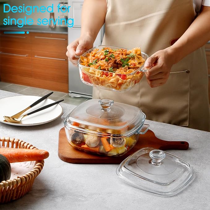 NUTRIUPS Mini Glass Casserole Dish with Lid Oven Safe Square Casserole Dish Set 2 Pack