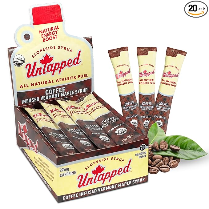 UnTapped Coffee Infused Vermont Maple Syrup Packets for Athletes, Box of 20-1 fl oz | Pure Maple