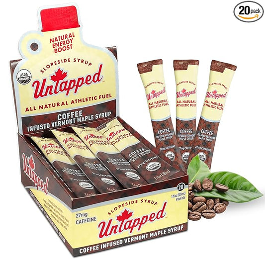 UnTapped Coffee Infused Vermont Maple Syrup Packets for Athletes, Box of 20-1 fl oz | Pure Maple