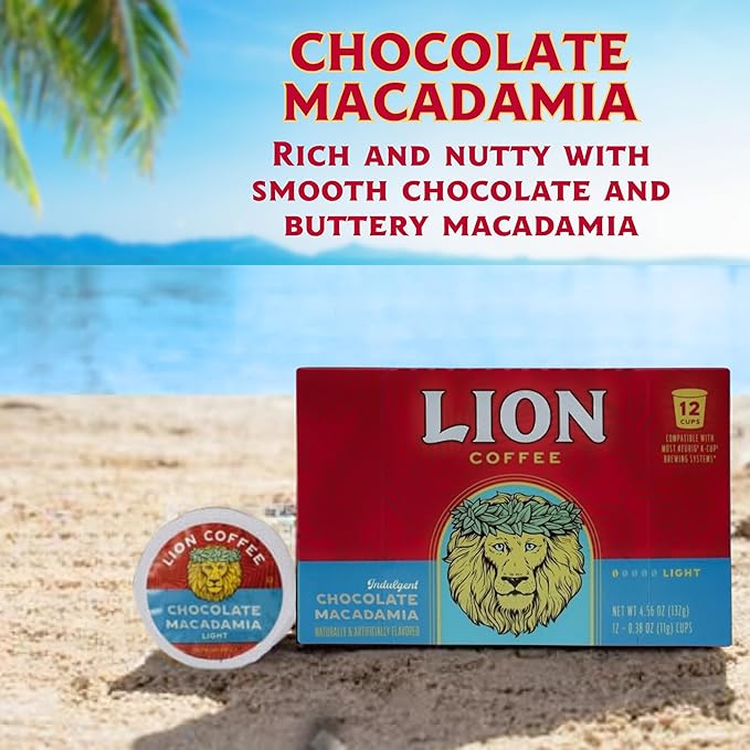 Lion Coffee Chocolate Macadamia Flavored Medium Roast Coffee Pods - Single-Serve Pods - Hawaiian