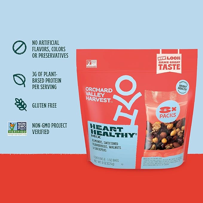 Orchard Valley Harvest Heart Healthy Blend, 1 Ounce Bags (Pack of 8), Almonds, Cranberries