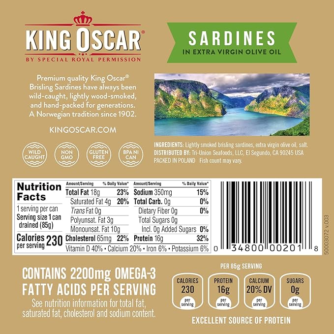 King Oscar Two-layer Sardines in Extra Virgin Olive Oil Cross-Pack, 3.75 Ounce (Pack of 12)