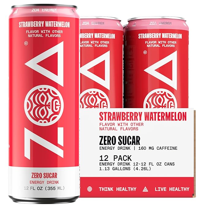 ZOA Zero Sugar Energy Drinks, Strawberry Watermelon - Sugar Free with Electrolytes, Healthy Vitamin
