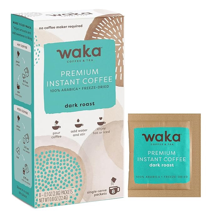 Waka Premium Instant Coffee Sachets — 100% Arabica Freeze Dried Beans — For Hot or Iced Coffee (8