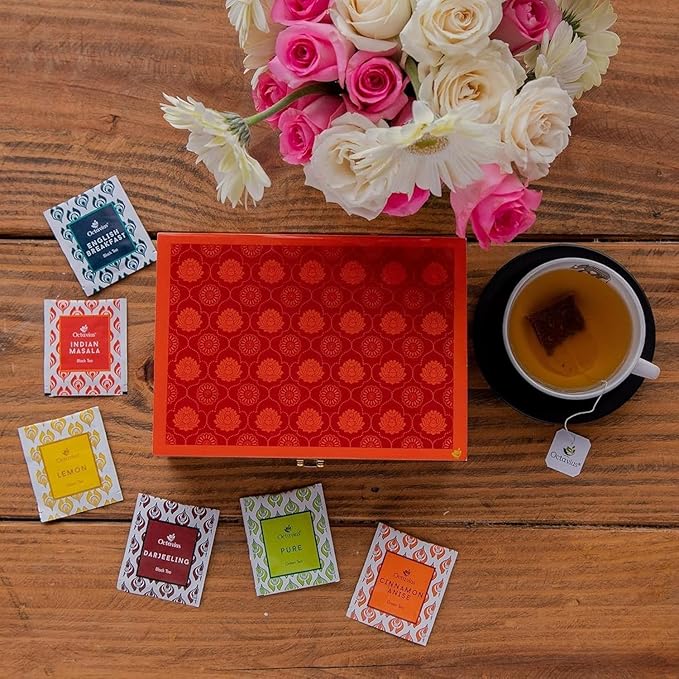 Octavius Gift's Select - Assorted Tea in Lotus Printed Wooden Box | 6 Flavors, 90 Tea Bags | Black