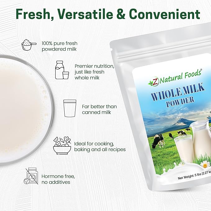 Z Natural Foods Premium Whole Milk Powder - Powdered Milk for Baking, Cooking, Drinks - Dry Milk