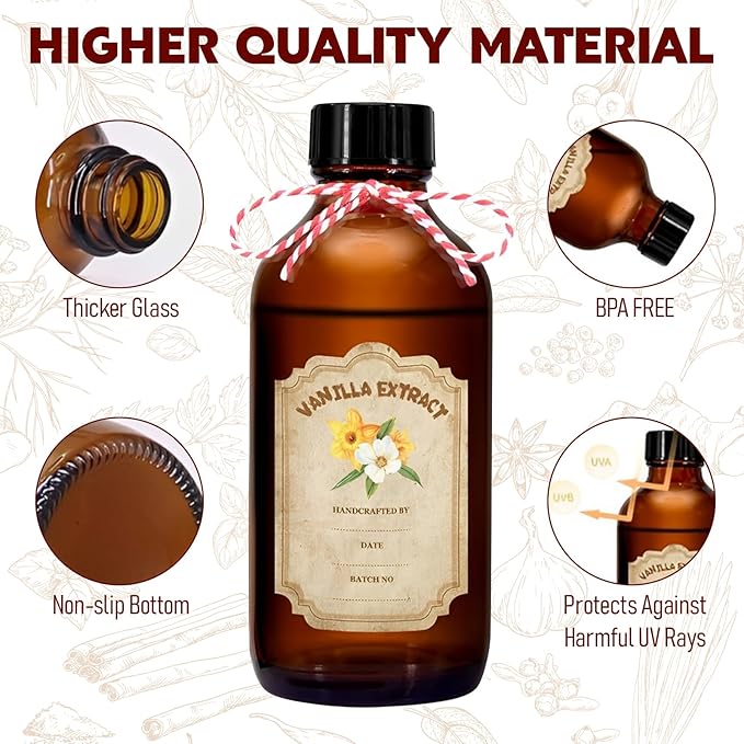 12 Pack 2 Ounce Amber Glass Bottle with Lids Vanilla Extract Homemade Brown Bottle 2 oz and 12Pcs