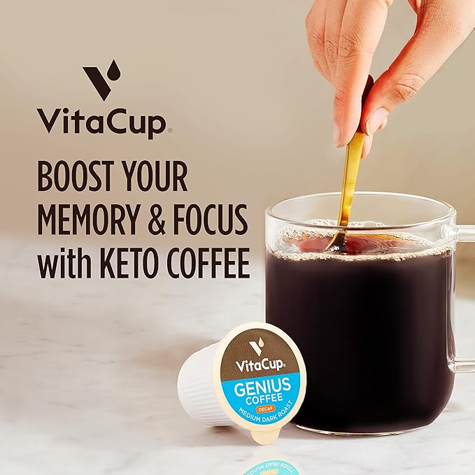 VitaCup Decaf Genius Keto Coffee Pods with MCT Oil, Turmeric, and Vitamins B1, B5, B6, B9, B12, D3