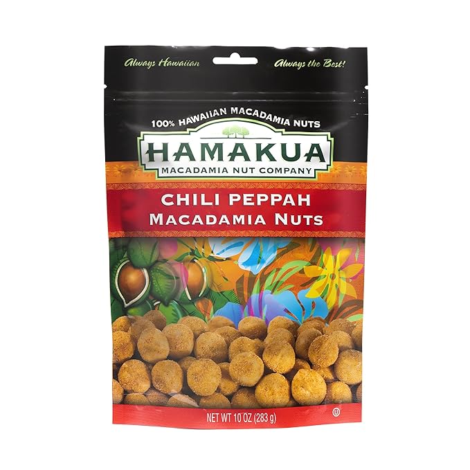 Hamakua Macadamia Nuts - Spicy Chili Pepper - Hawaiian Grown Flavored Dry Roasted Half and Whole
