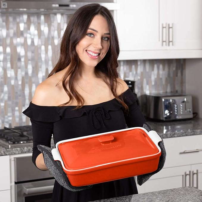Stoneware Casserole Dish Bakeware Set with Lid, Covered Rectangular Dinnerware, Extra Large 4.23