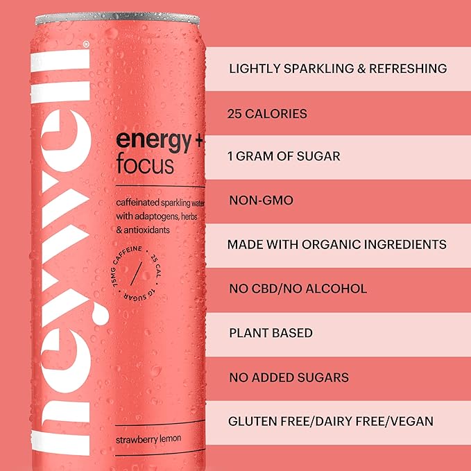Heywell Sparkling Adaptogenic Water Energy and Focus, Strawberry Lemon Flavor 12 Fluid Ounce (Pack
