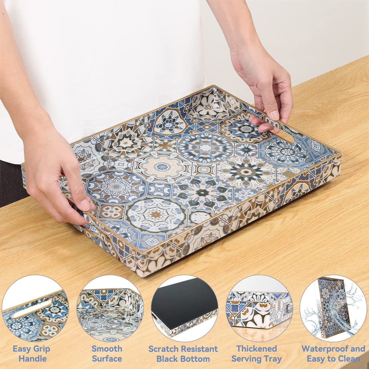 AGIOTA Boho Coffee Table Trays Serving Tray with Handles Large Tray for Ottoman Modern Decorative