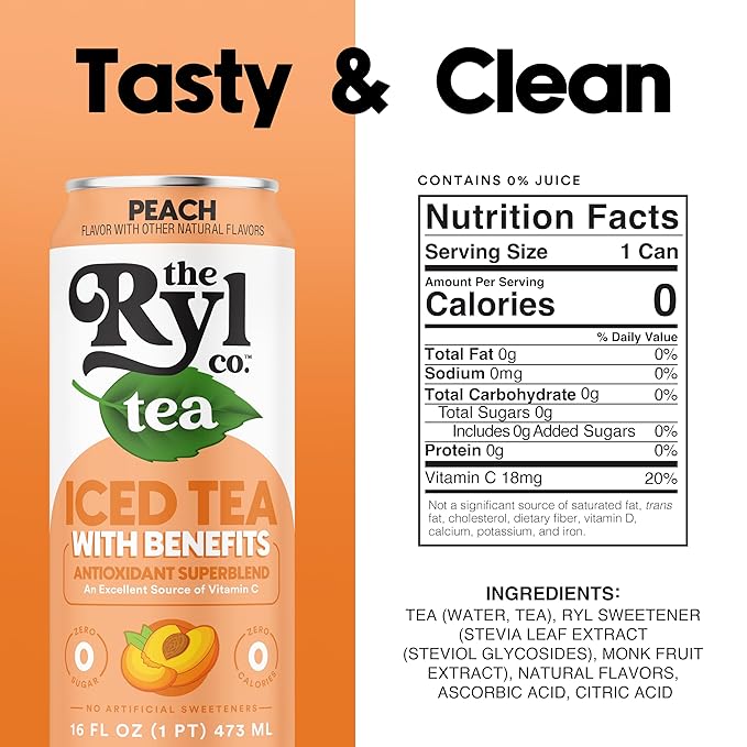 Ryl Iced Tea, Peach, Antioxidant Superblend, Zero Sugar, Low Carb, Zero Calorie Iced Tea, 16.0 Fl