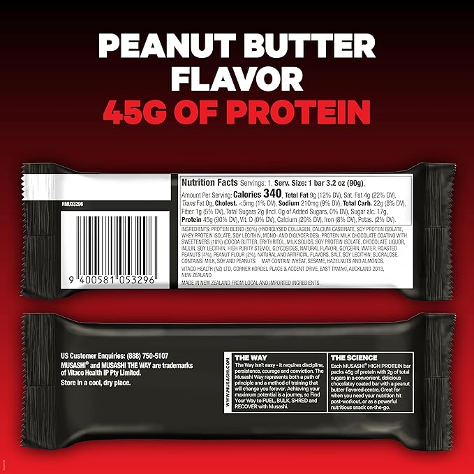 MUSASHI High Protein Bar, 45g Protein, 2g Total Sugars, Peanut Butter & Milk Chocolate Coated, Post