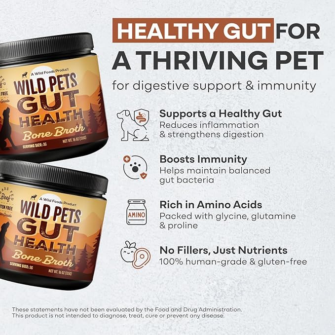 Wild Foods Dog Bone Broth Powder – 100% Natural & 16oz US Made Bone Broth for Dogs Support