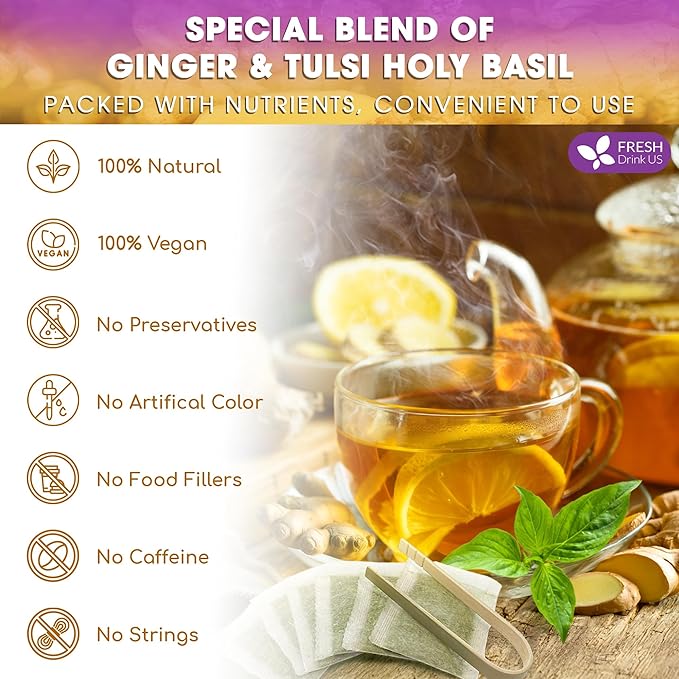 FreshDrinkUS, Premium 135 Ginger Tulsi Tea Bags, 100% Natural, Hand-made Blend of Ginger and Tulsi