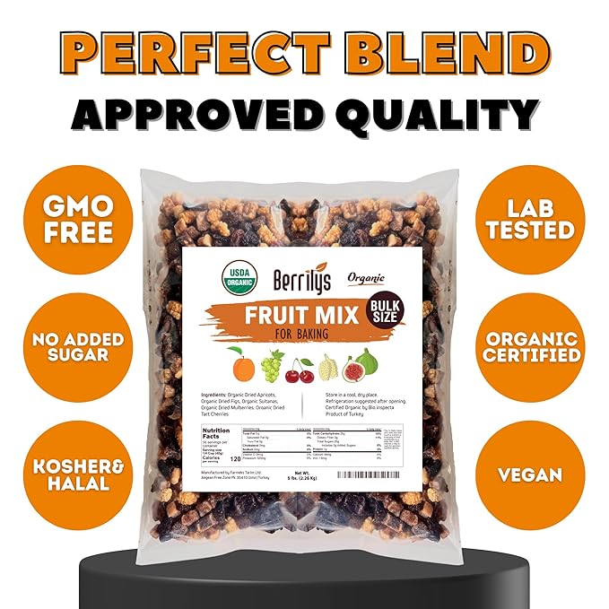 Fruit Mix, Organic, 5 Lbs, Berrilys, Dried Fruits, Diced Figs, Diced Apricots, White Mulberries