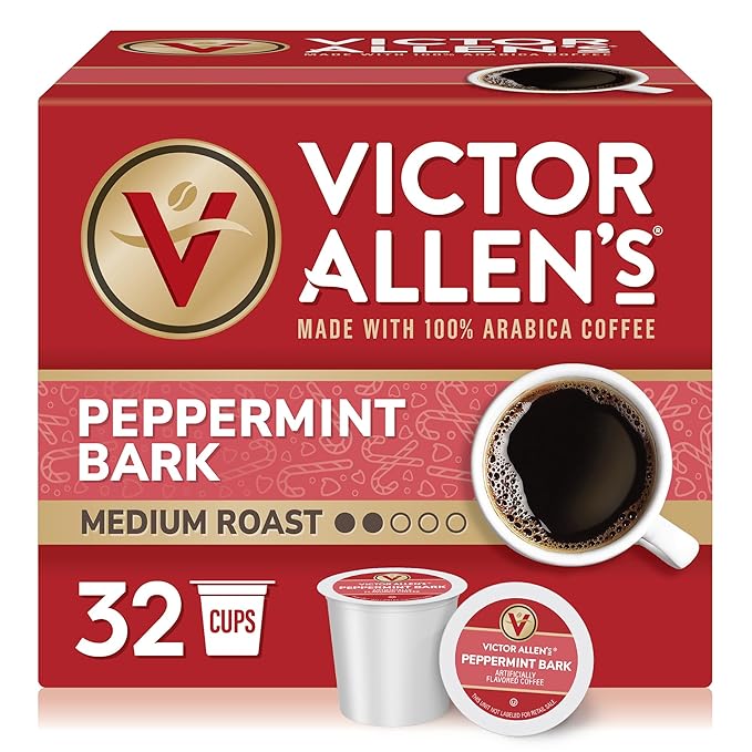 Victor Allen's Coffee Peppermint Bark Flavored, Medium Roast, 32 Count, Single Serve Coffee Pods