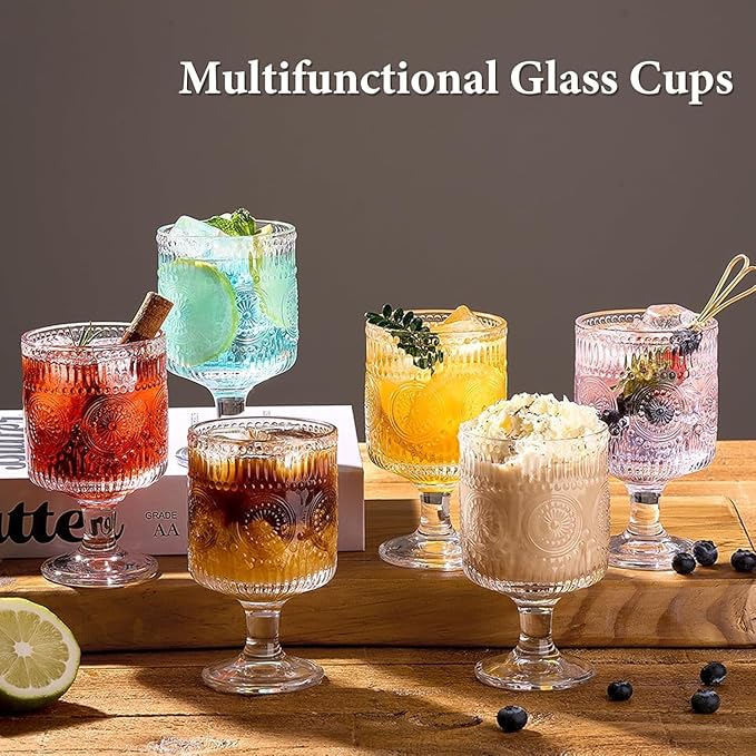 Vintage Goblet Glasses Set of 4, 8oz Embossed Floral Wine Glasses, Clear Glass Cups for Tea, Wine