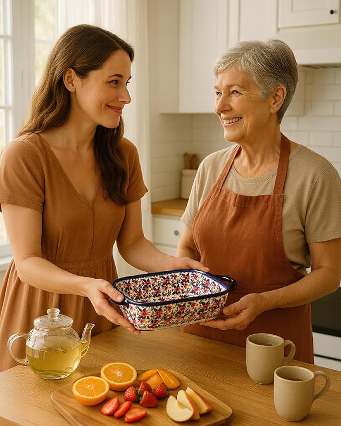 Ceramic Baking Dish Set of 2 ??Decorative Polish Pottery Style Casserole Dishes with Handles, Cute