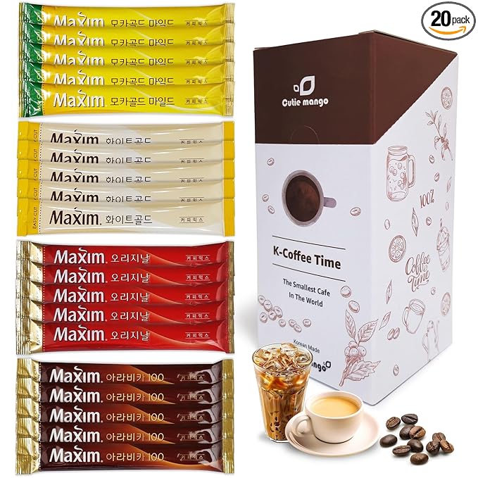 Korean Instant Coffee Mix Variety 20 Sticks (4 Types) Maxim Instant Single Serve Mocha White