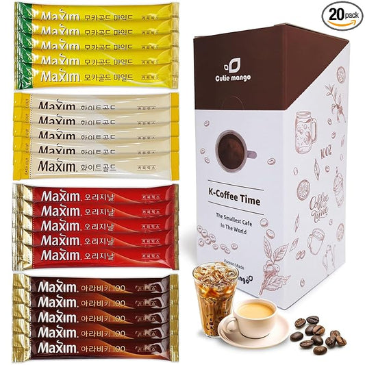 Korean Instant Coffee Mix Variety 20 Sticks (4 Types) Maxim Instant Single Serve Mocha White
