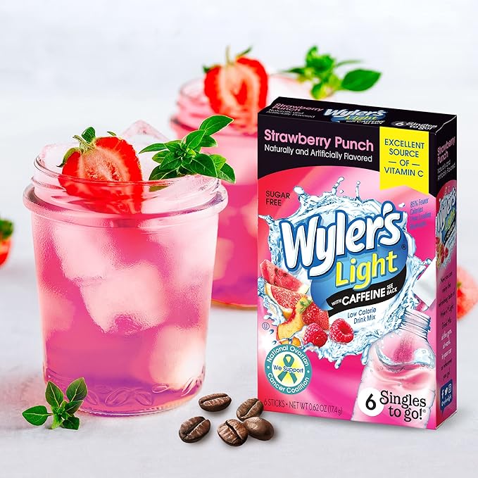 Wyler's Light Singles to Go Caffeinated Drink Mix - Strawberry Punch Powder Sticks (12 Boxes with 6