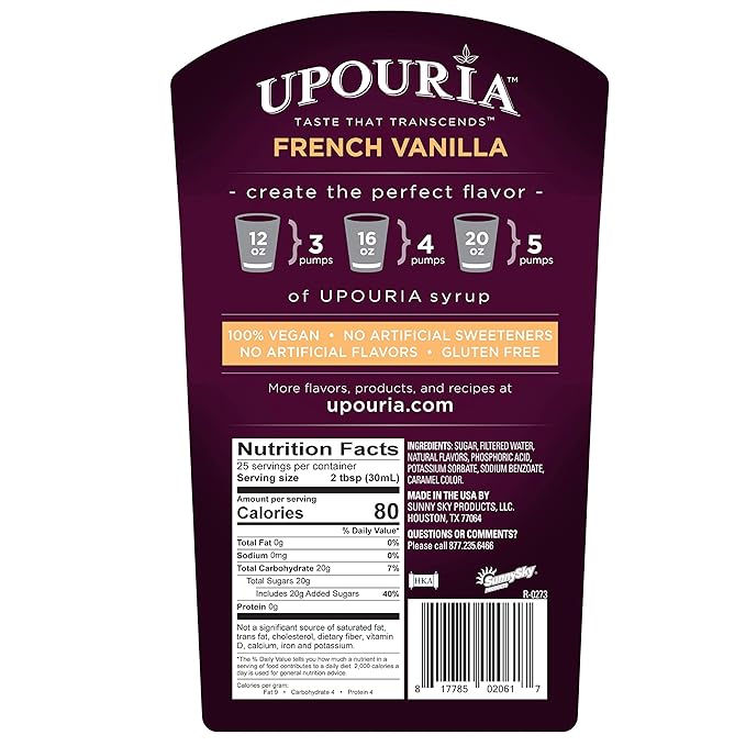 Upouria French Vanilla Coffee Syrup Flavoring, 100% Vegan, Gluten-Free, Kosher, 750 mL Bottle (Pack