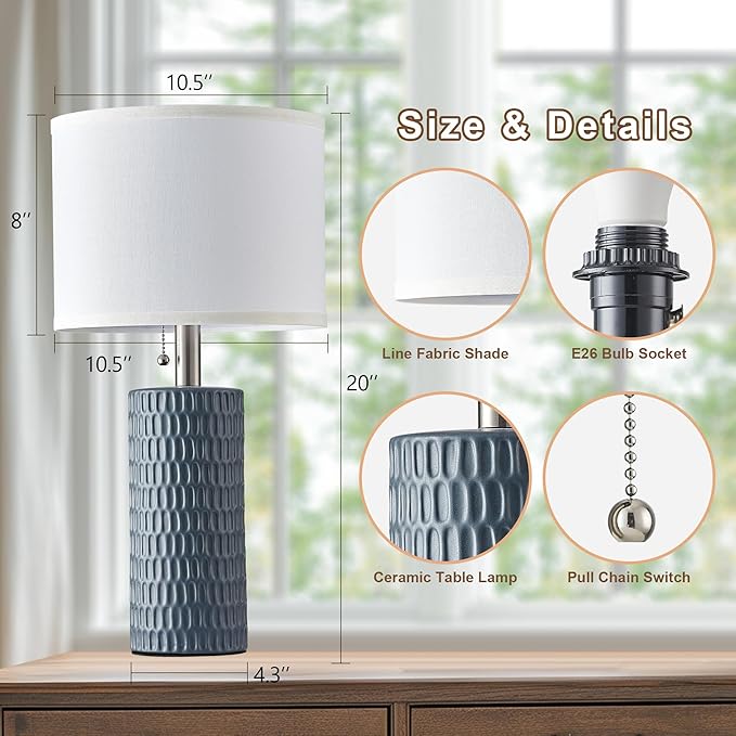 Table Lamps for Living Room Set of 2, Ceramic Table Lamps for Bedroom, 20" Modern Lamps for Night
