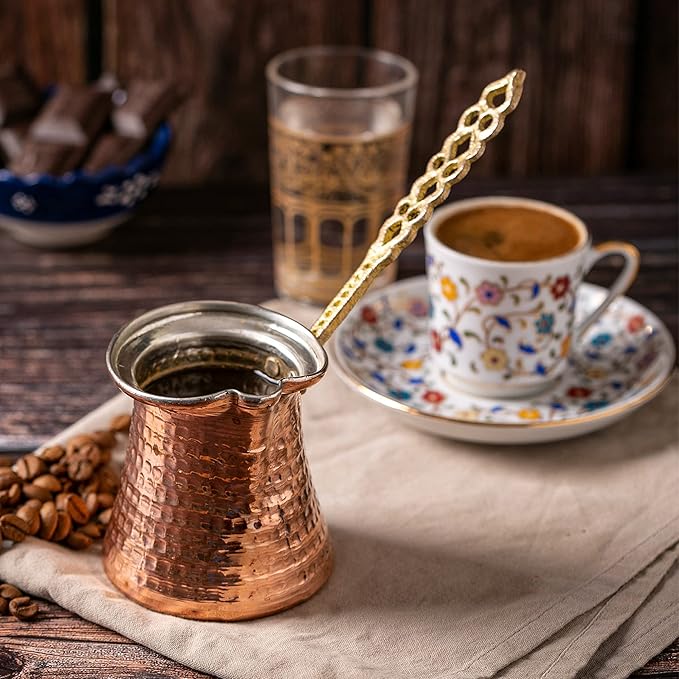 Volarium Turkish Coffee Pot, Greek Arabic Coffee Maker, Hammered Copper Coffee Cezve, Stove Top