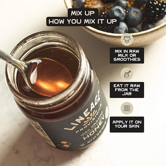 Lineage Provisions 100% Organic Raw Unfiltered Honey – 3-Pack (18 oz Glass Jars) – Undetectable