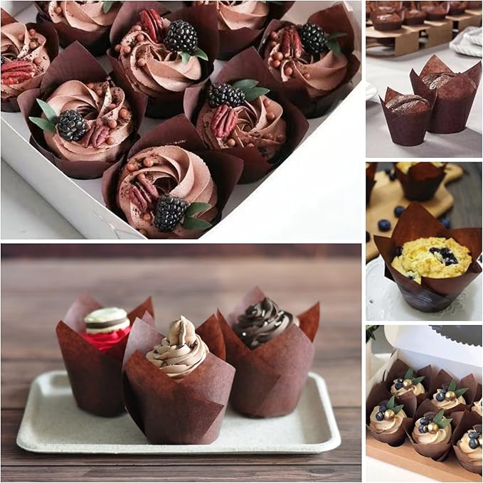Large size White+Brown Tulip Baking Cups 2-1/4"(Base diameter) x 4"(Wall height) Greaseproof paper