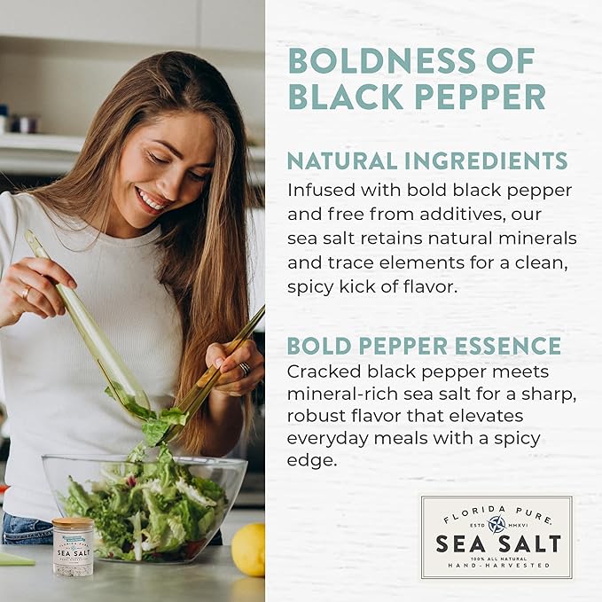 FLORIDA PURE Black Pepper Sea Salt - 80+ Mineral Sea Salt, Natural, Unrefined, Non Iodized - for