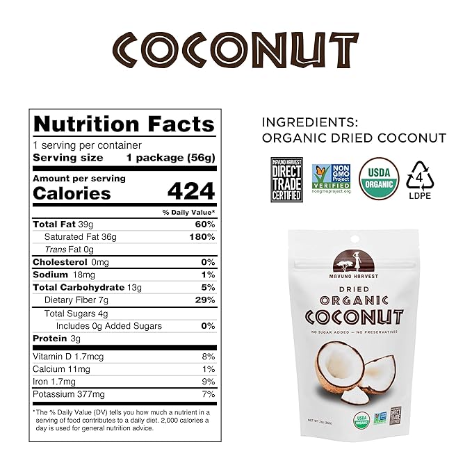 Mavuno Harvest Coconut Chips Dried Fruit Snack | Unsweetened Organic Dried Coconut Strips | Gluten