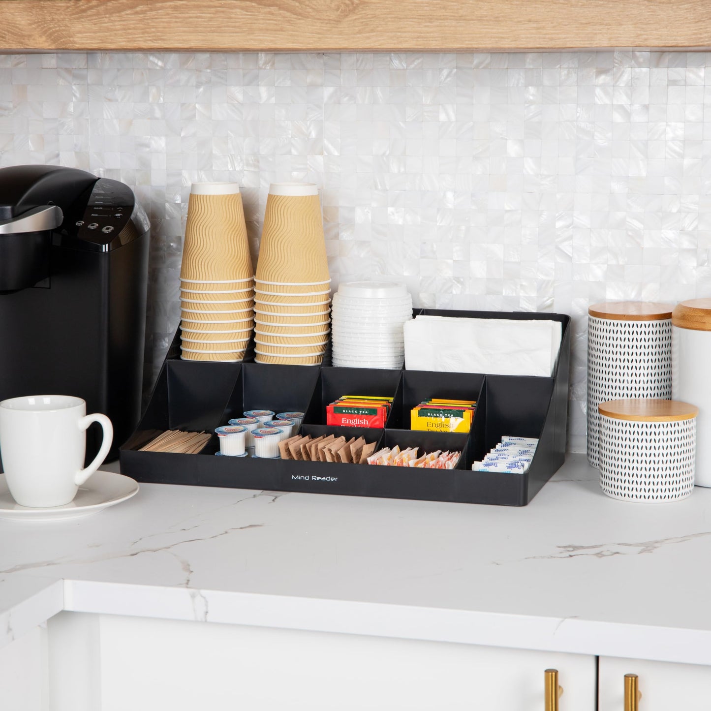 Mind Reader Cup and Condiment Station, Countertop Organizer, Coffee Bar, Kitchen, Stirrers