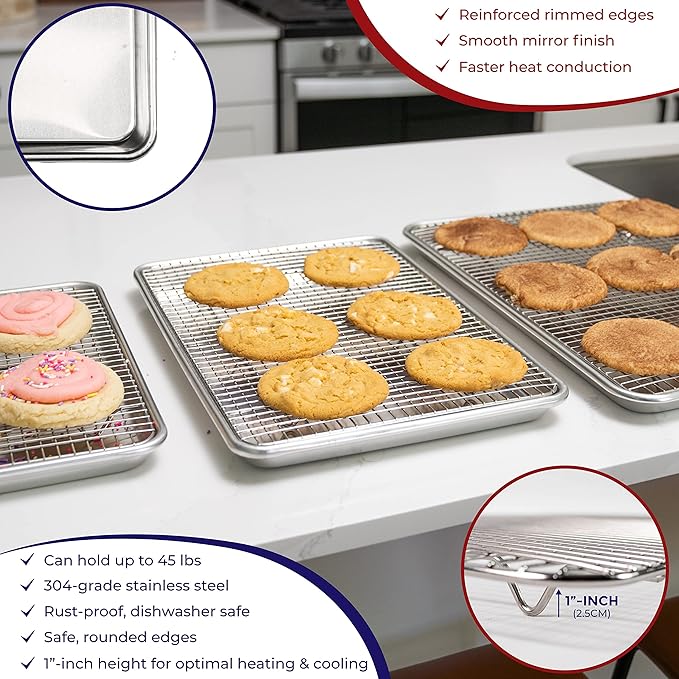 KITCHENATICS Aluminum Jelly Roll Pan 15x10 and Stainless Steel Rack Set, Baking Pan with Rack for