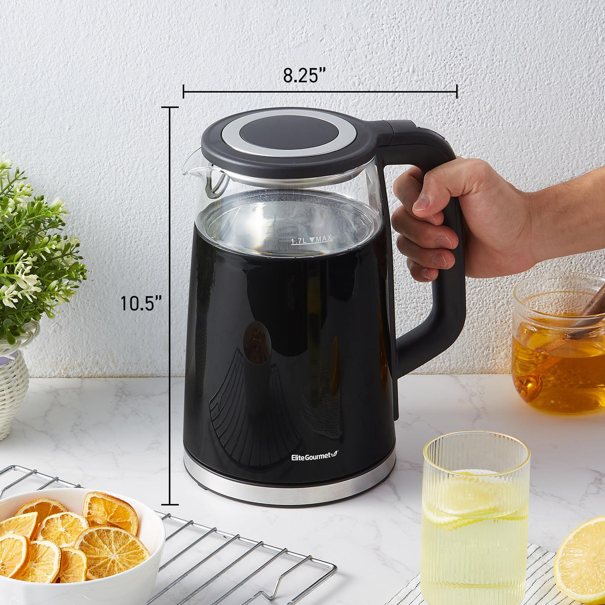 Elite Gourmet 1.7L Dual-Wall Cool-Touch Tea Kettle, Touchscreen, Black