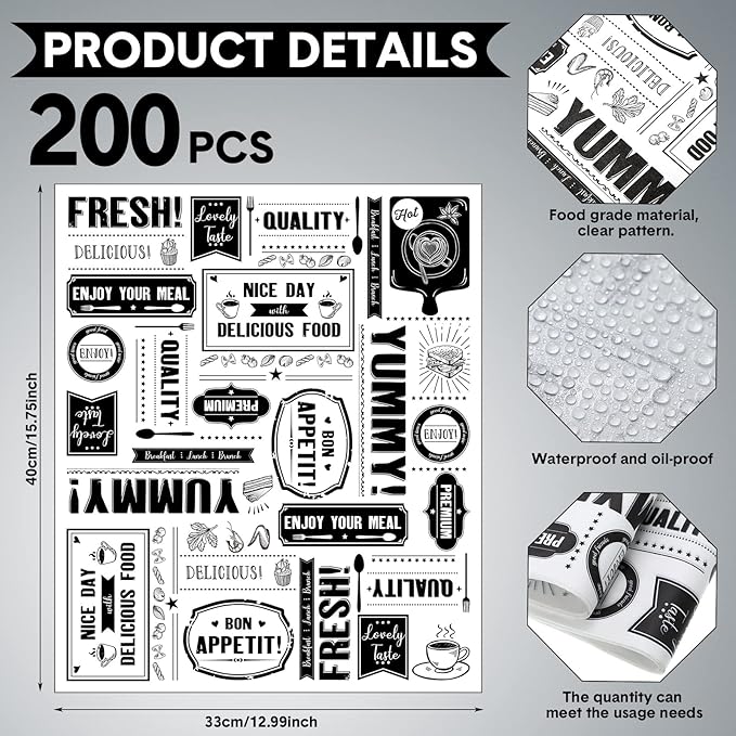 Seajan Wax Paper Food Wrap, 13 x 15.8 Inch, 200 Sheets, Grease Resistant, Waterproof, Newsprint