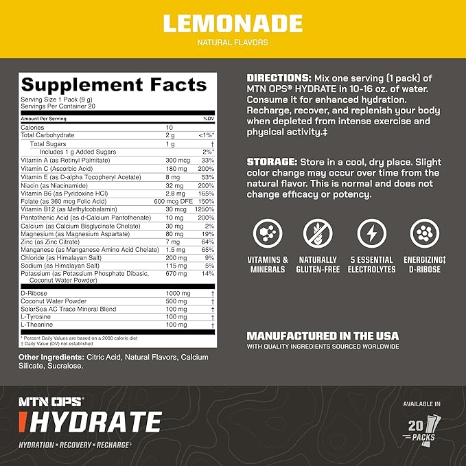 MTN OPS Hydrate Electrolytes Powder Drink Mix, 20 Single Serving On-The-Go Electrolyte Packs with