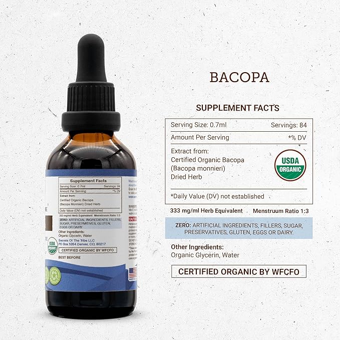 Bacopa USDA Organic | Alcohol-FREE Extract, High-Potency Herbal Drops, Relaxation, Positive