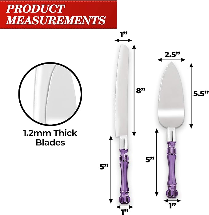 Purple Wedding Cake Knife and Server Set, Cake Cutter and Spatula, Acrylic Handle Set with 1.2mm
