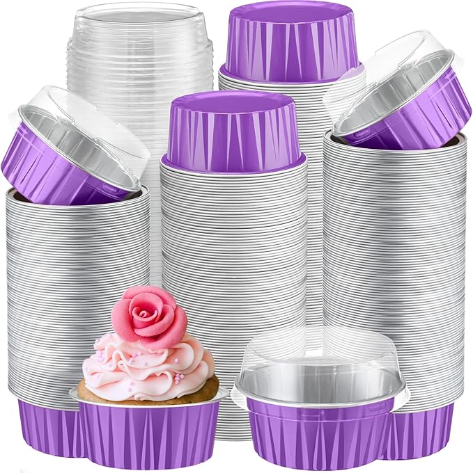 Gejoy 400 Pcs Aluminum Foil Baking Cups with Lids 5 oz Disposable Ramekins Mini Cake Pans Creme