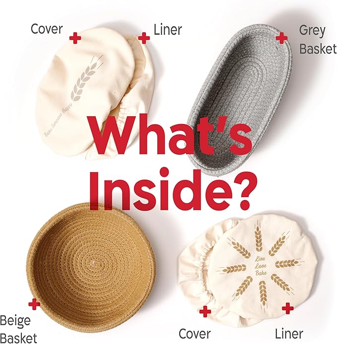Cotton Rope Banneton Bread Proofing Basket Set, Oval & Round Bread Baskets with Liners & Covers for