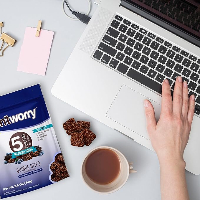 Don't Worry Chocolate, Blue Berry, Almond Quinoa Bites 4 Pack- Low Calorie Keto Snacks, Only 5