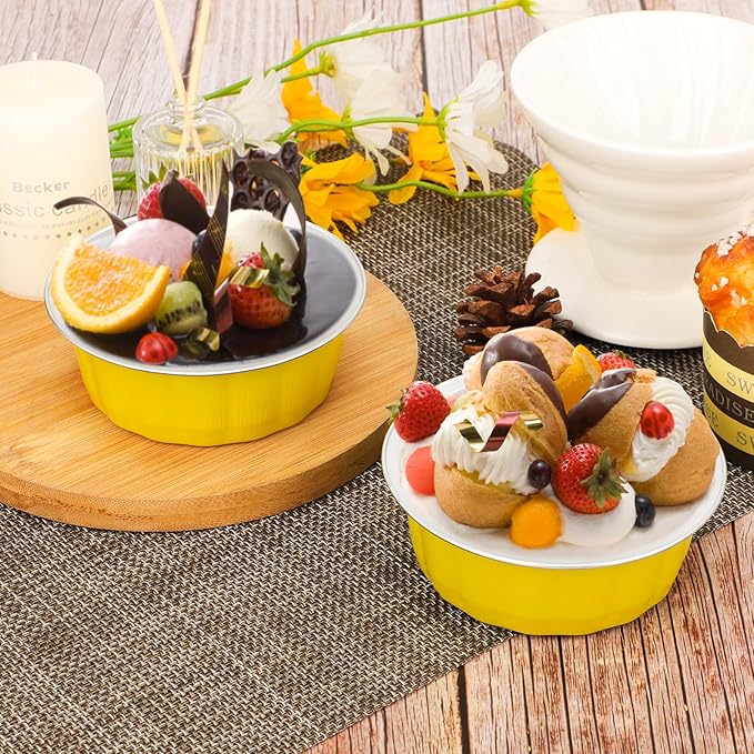 Beasea Aluminum Cups for Baking, 8oz 100 Pack Disposable Ramekins with Lids, Lemon Yellow Aluminum