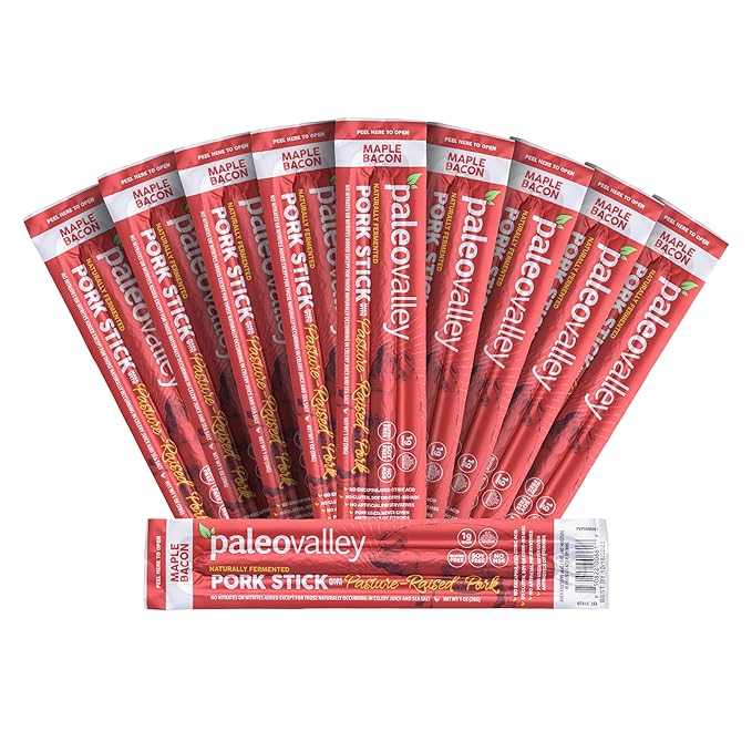Paleovalley Pasture-Raised Pork Sticks - Maple Bacon Flavor Meat Sticks Individually Wrapped, 28g