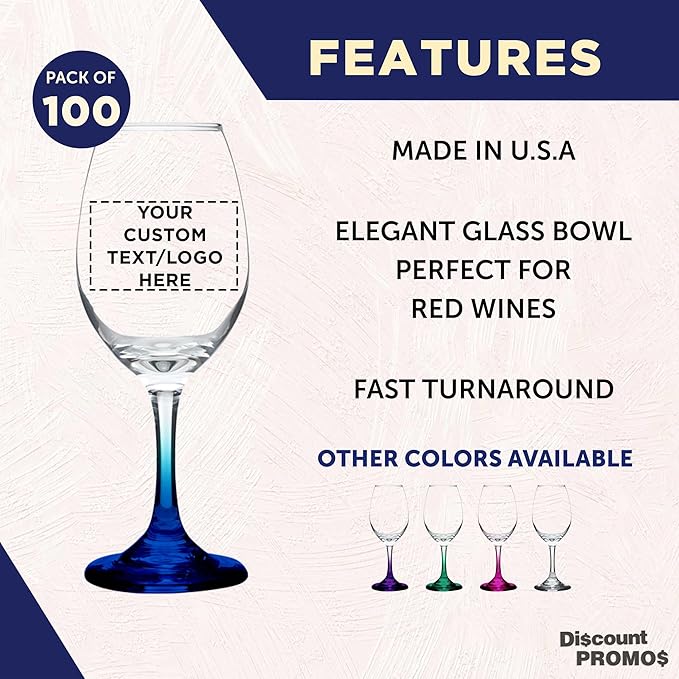 Custom Rioja Wine Glasses with Stem 10 oz. Set of 100, Personalized Bulk Pack - Color Bottom