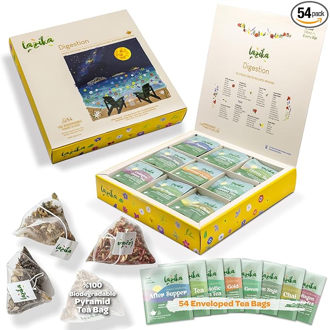 Lazika Herbal Tea Variety Pack with Lovely Presentation Box, 54 Counts Digestion Tea Assortment